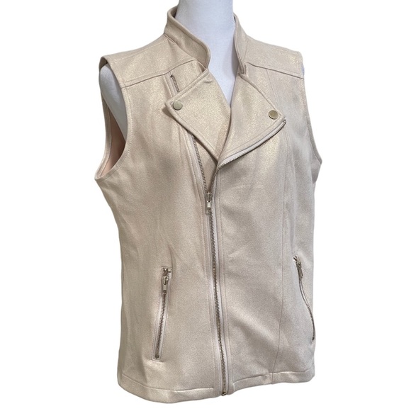 Solitaire Gold Shimmer Moto Vest Women’s Sz M Pockets Metallic Spandex Stretch - Picture 1 of 14